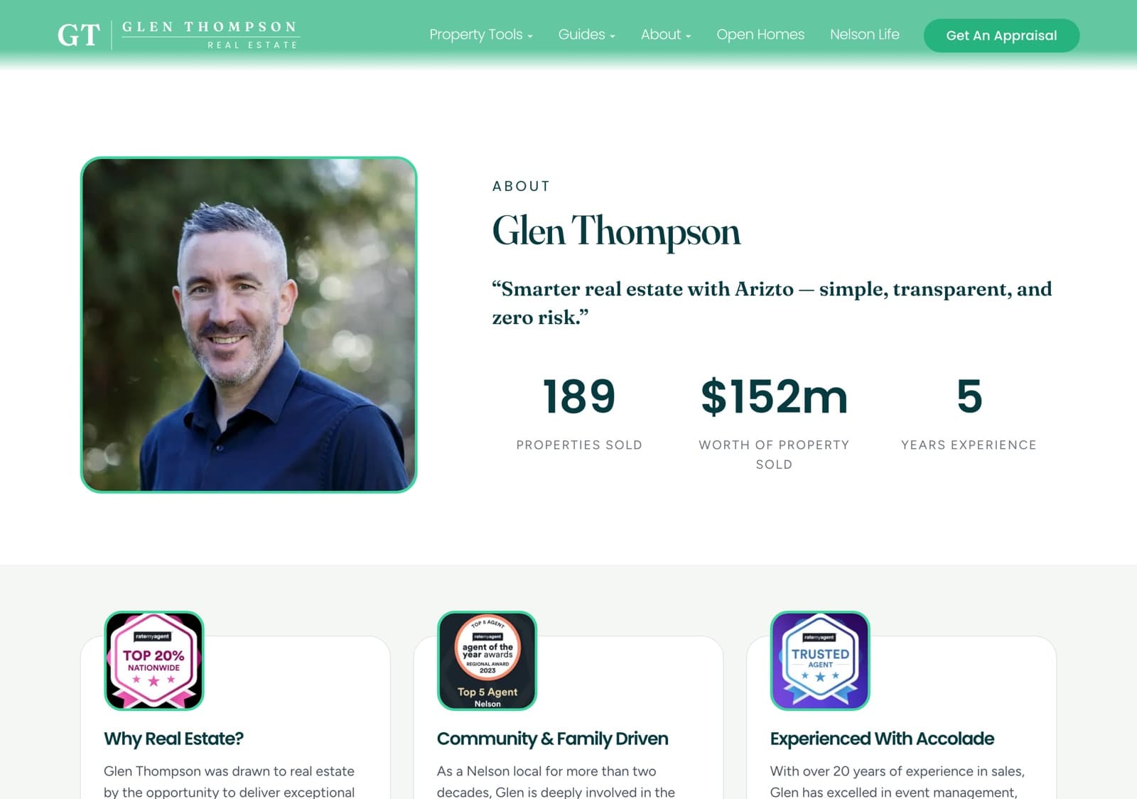 A live agent profile page introducing the agent, with their story, credentials and contact options.