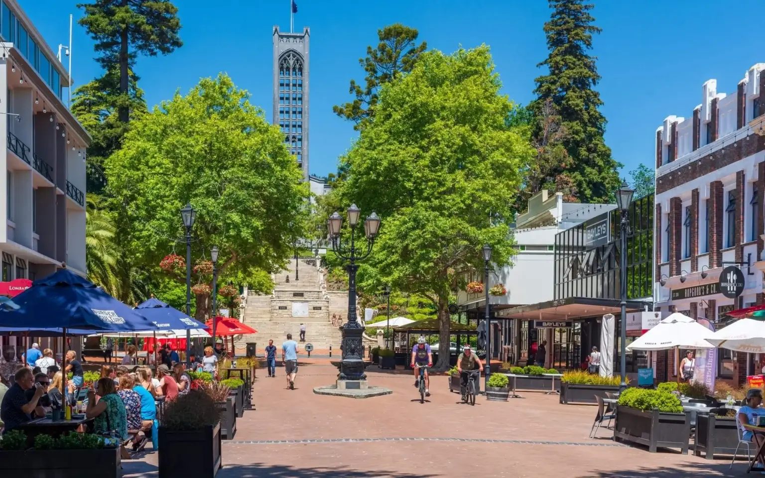 Upper Trafalgar Street in central Nelson: people at cafe tables and cyclists under the trees, with the cathedral steps closing the end of the street.